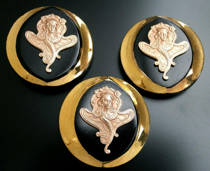 Art Nouveau A MUCHA 1860-1939 3 Unique TURQUOISE Glass//Brass Buttons #G678